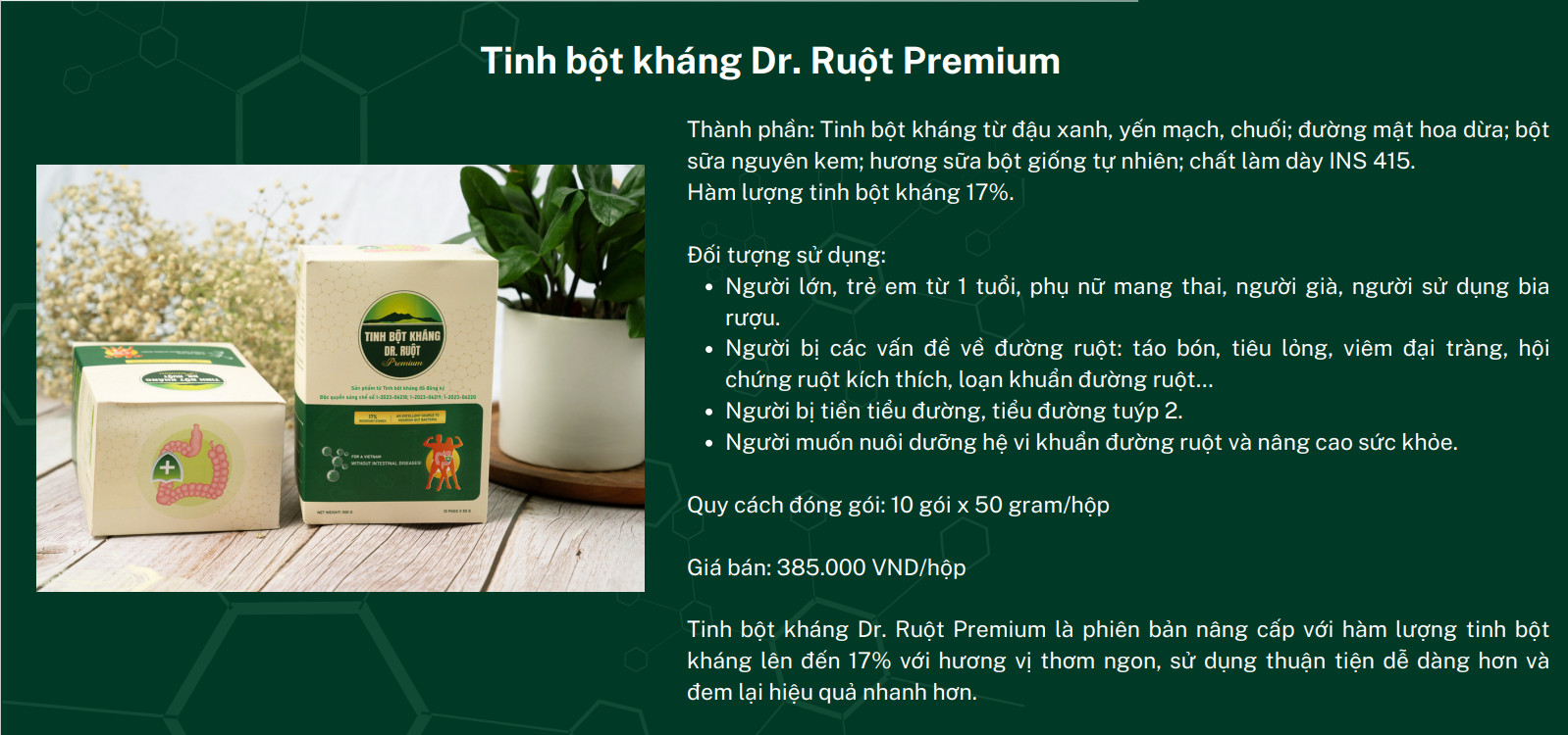 Mô tả công dụng sản phẩm tinh bột kháng Dr. Ruột Premium 17%
